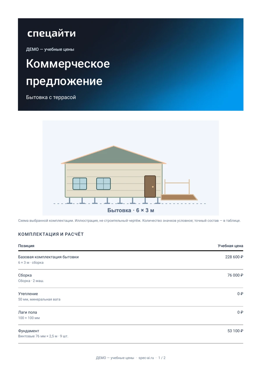 Учебное коммерческое предложение: фирменная шапка, схема и комплектация